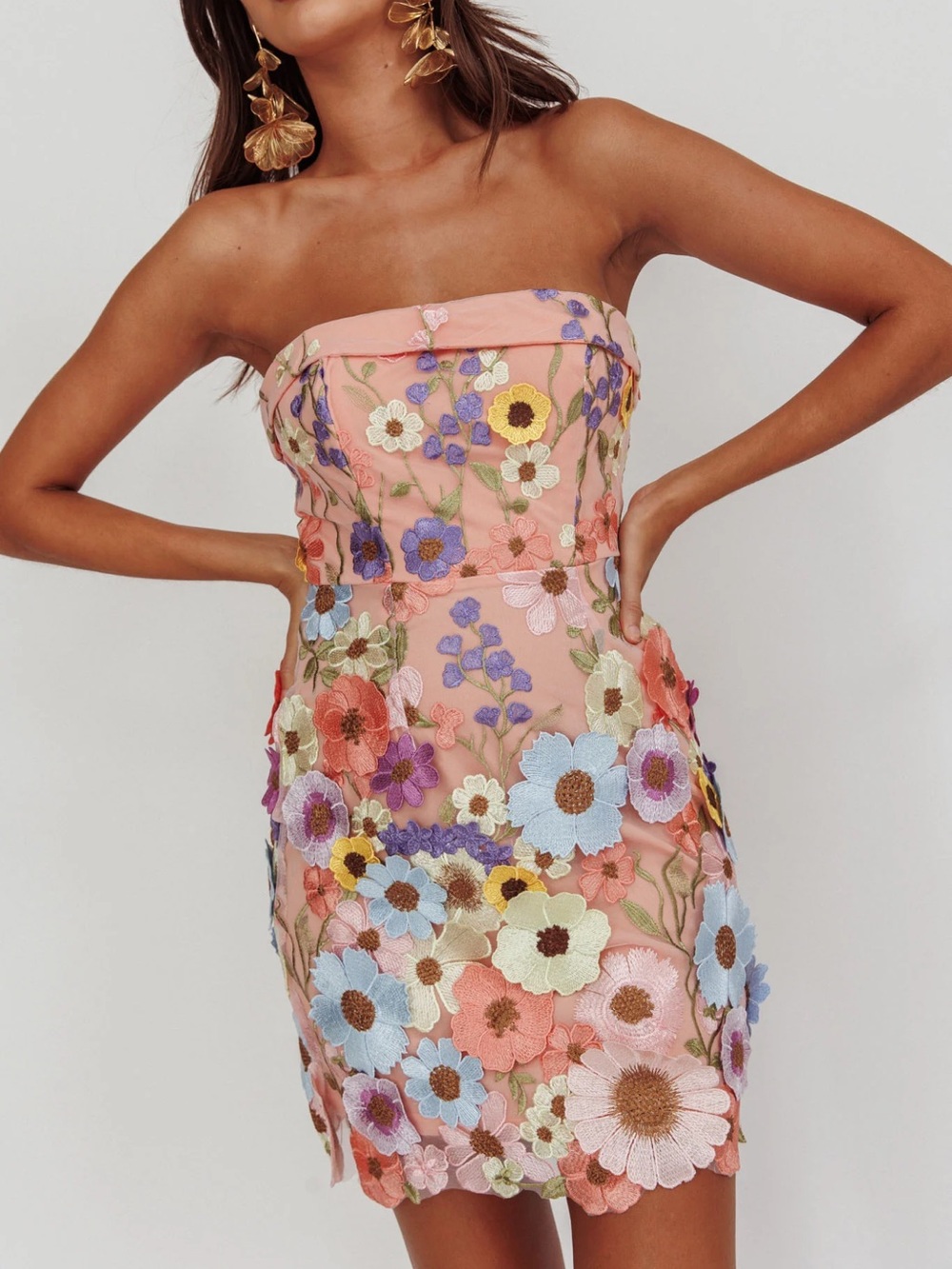 NWT Selfie Leslie Strapless Pink 3D Floral Embellished Mini Dress